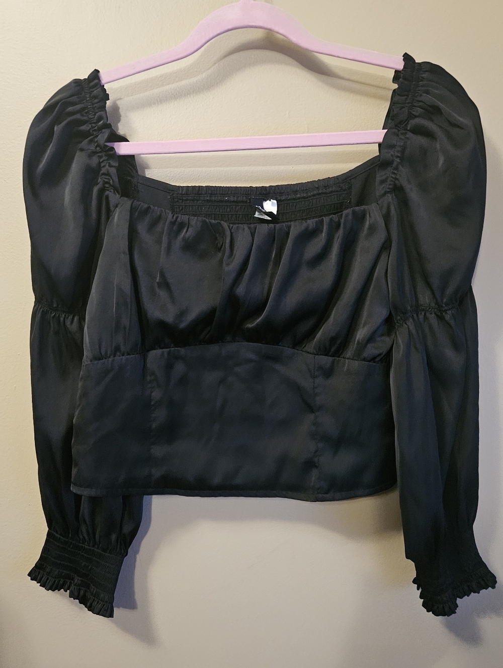 Divided Women's Size 10 Black Satin Pesant Cropped Top Smocked Back